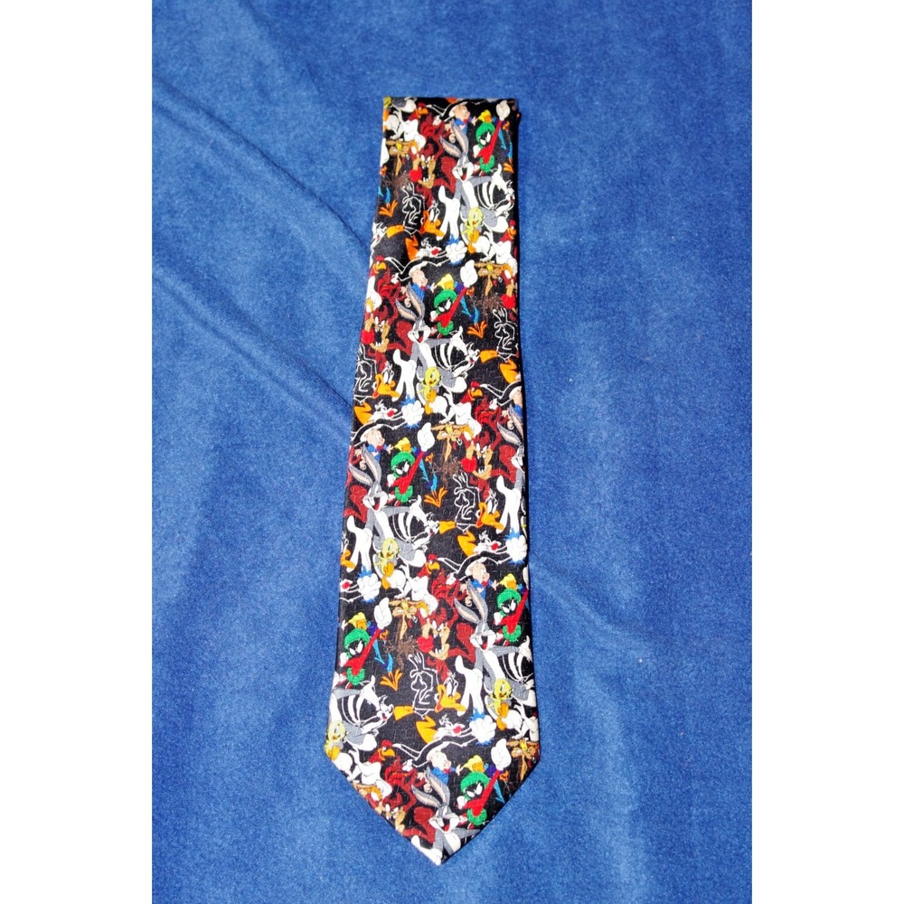 Vintage Y2K Looney Tunes Necktie AOP Colorful Taz Bugs Tweety EUC Silk‎